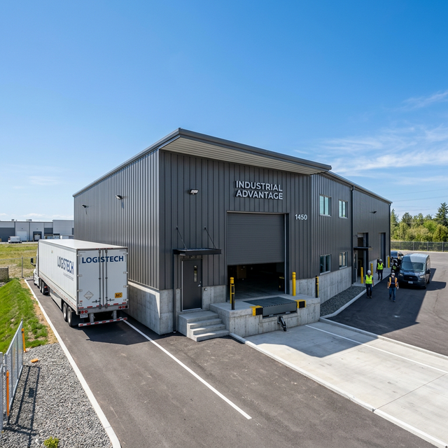 Жүктеу аймағы бар кішкентай қойманың сыртынан көрінісі